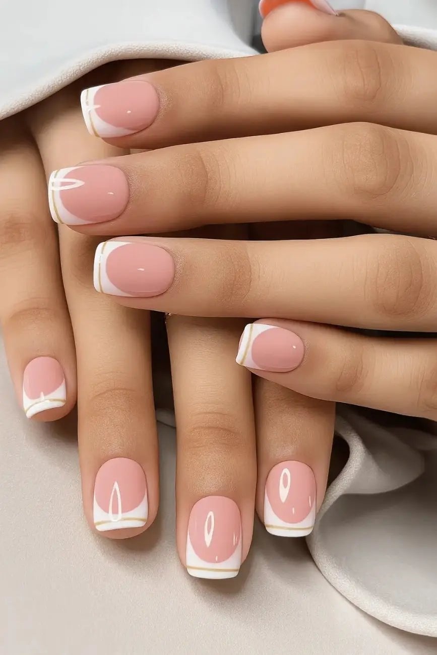 Short Square Nude Pink Gold Line French Tip Press On Nails Short Square Nude Pink Gold Line French Tip Press On Nails