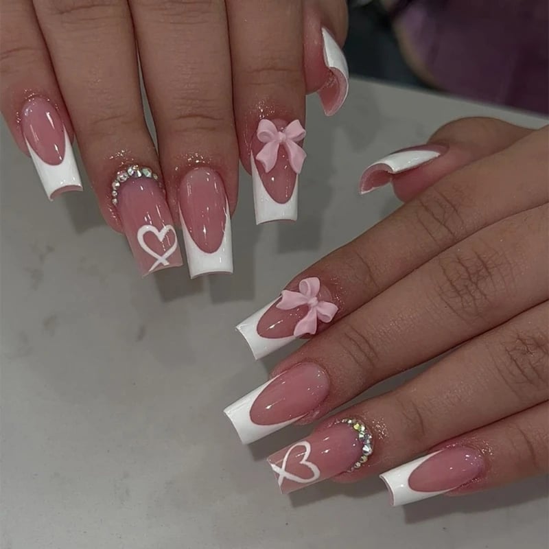 Long Square 3D Bow Heart Rhinestone Press On Nails Long Square 3D Bow Heart Rhinestone Press On Nails