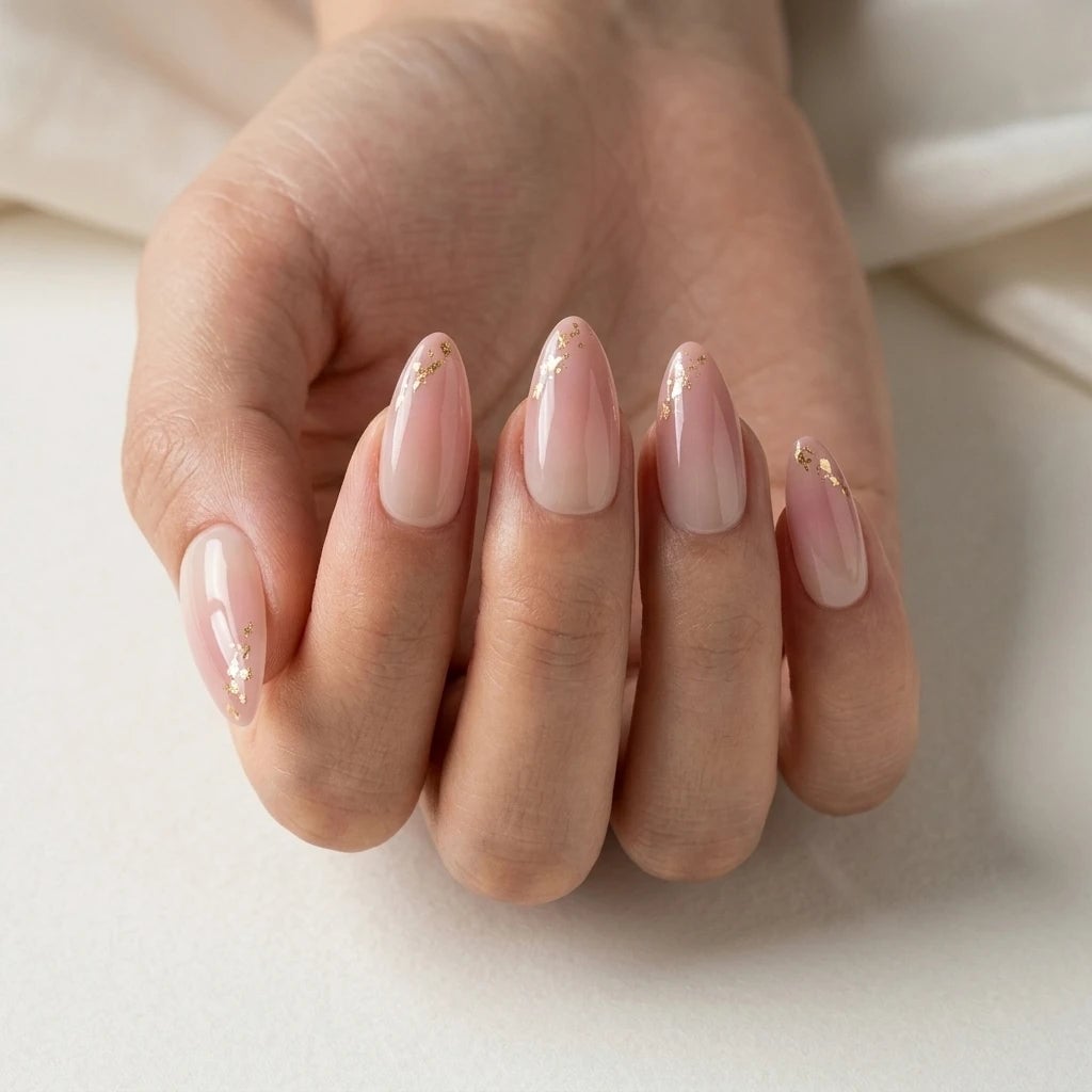 Almond Nude Pink Ombre Gold Flake Press On Nails Almond Nude Pink Ombre Gold Flake Press On Nails