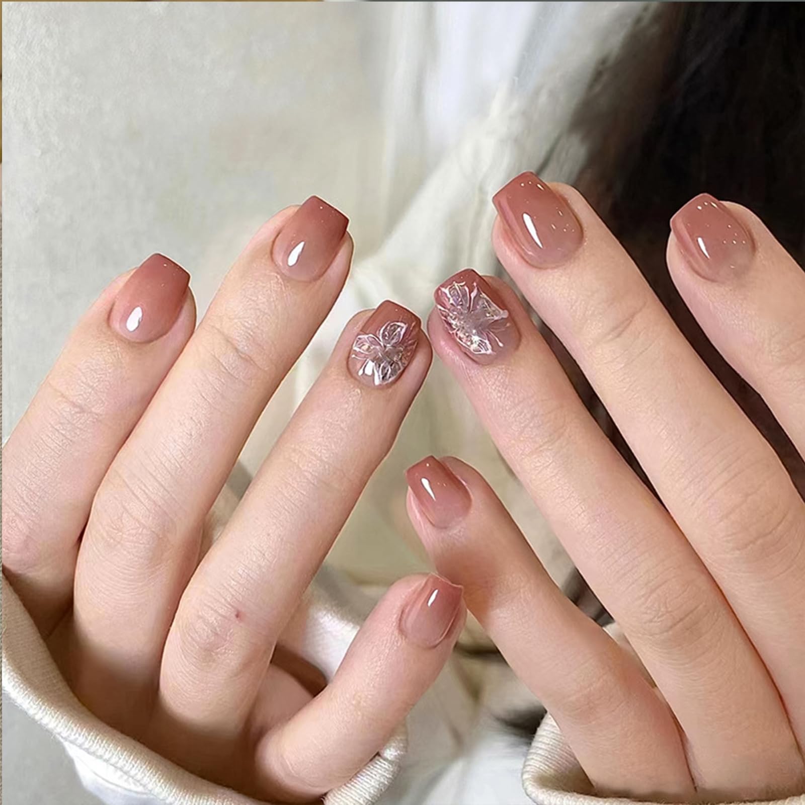 Short Square Nude Brown Gradient Butterfly Press On Nails Short Square Nude Brown Gradient Butterfly Press On Nails
