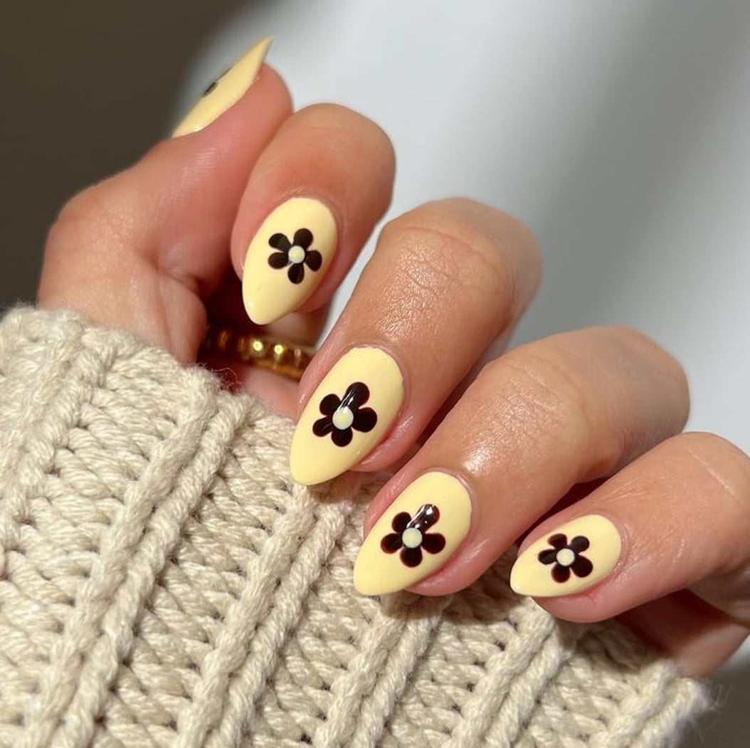 Floral Design Pale Yellow Medium Almond Nails — Professional Nails