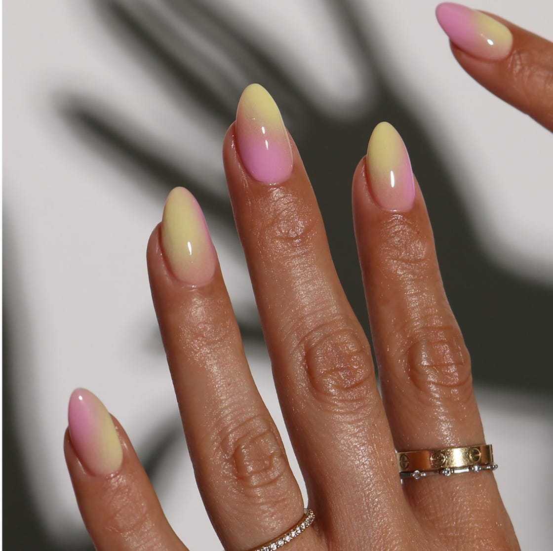 Yellow to Pink Gradient Medium Almond Nails — Professional Nails