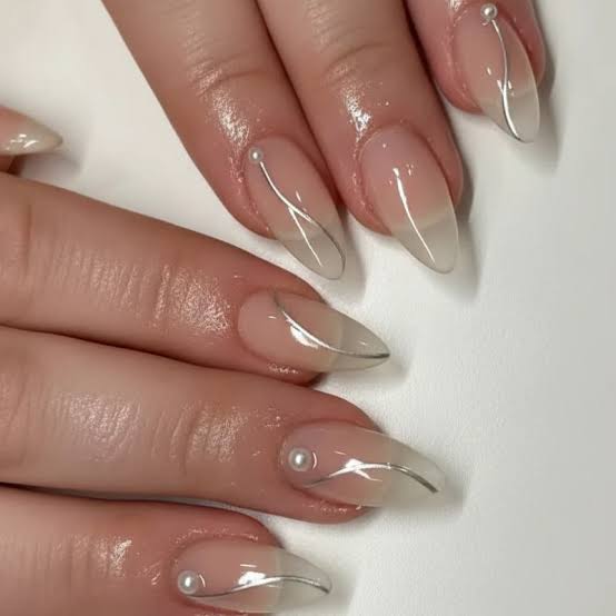 Pearl and Line Gradient Medium Sharp Almond Nails — Professional Nails