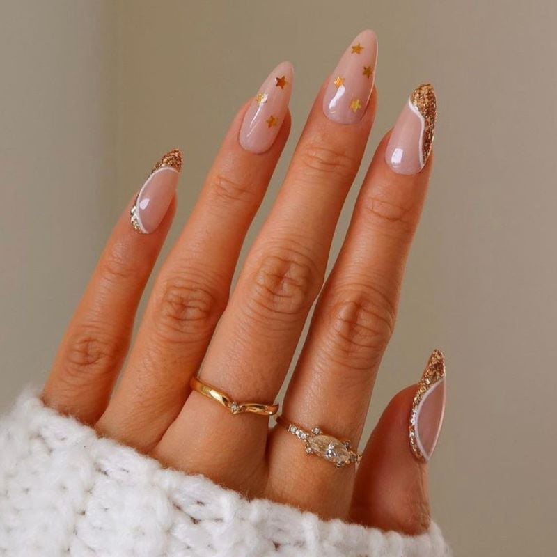 Gold Star Glitter French Long Stiletto Nails — Professional Nails