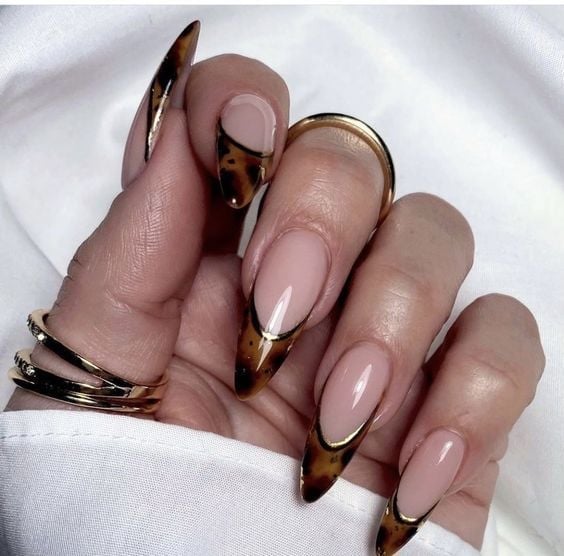 Tortoise Shell French Gold Line Long Stiletto Nails — Professional Nails