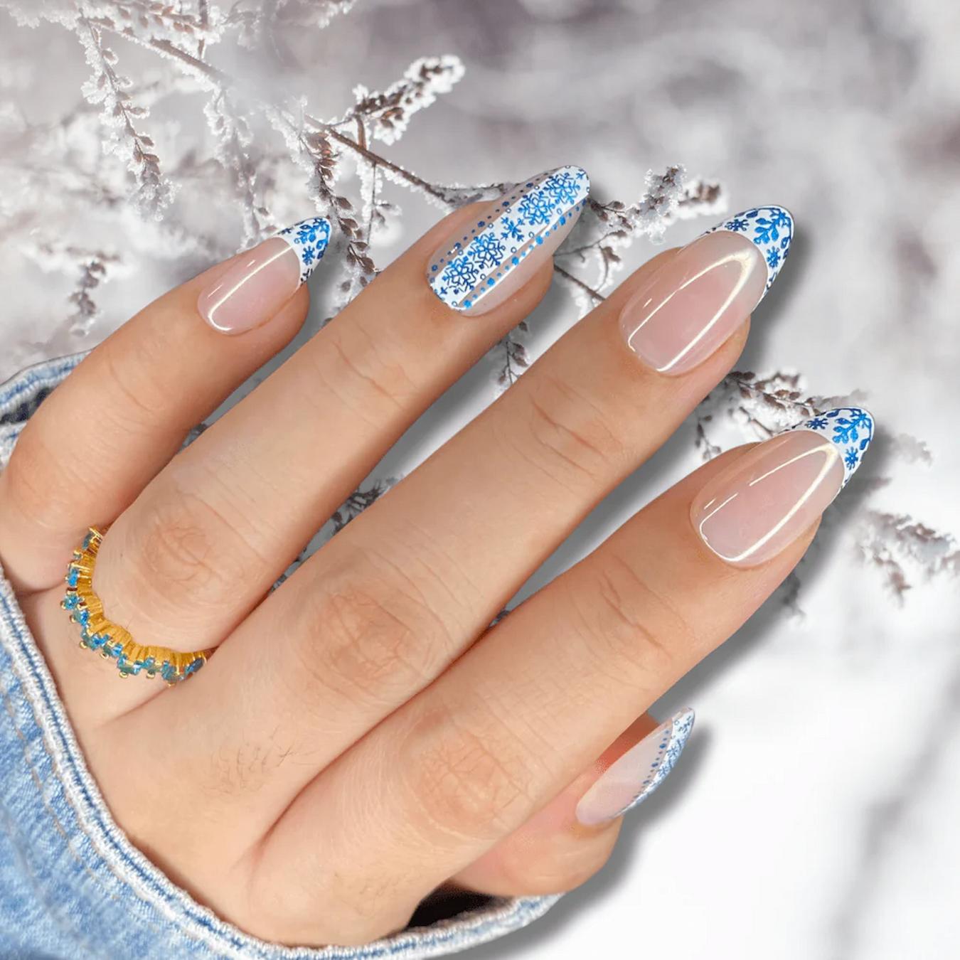 Snowflake French Winter Medium Almond Nails — Professional Nails