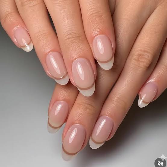 Thin Nude French Short Almond Nails — Professional Nails
