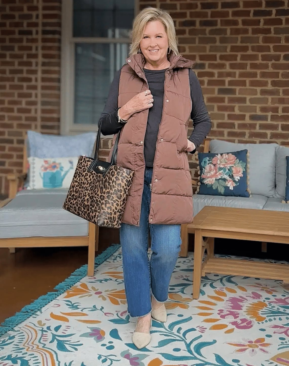 Long Brown Quilted Puffer Vest Casual Look — Puffer Vest Outfits
