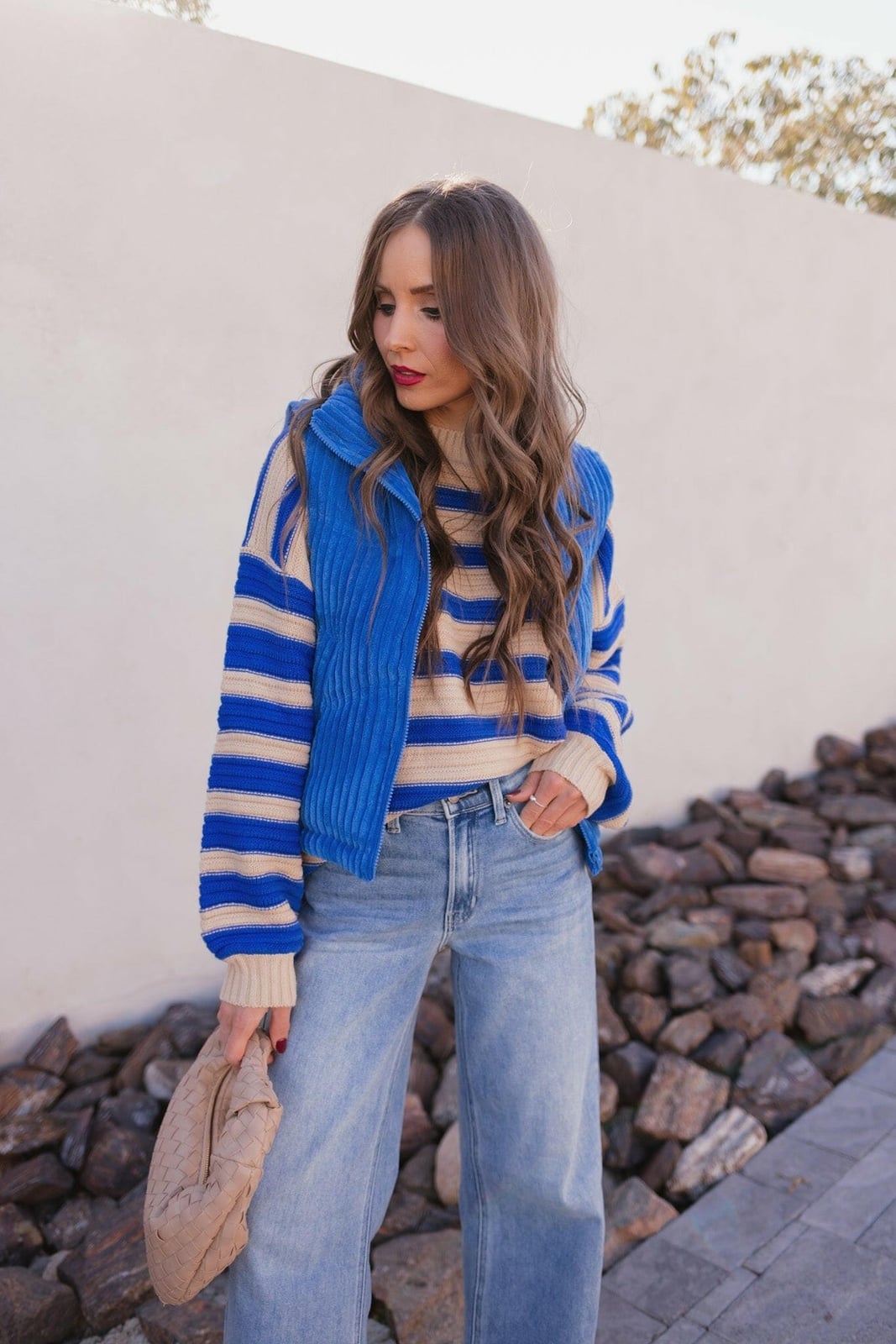 Blue Corduroy Puffer Vest With Wide Leg Jeans — Puffer Vest Outfits