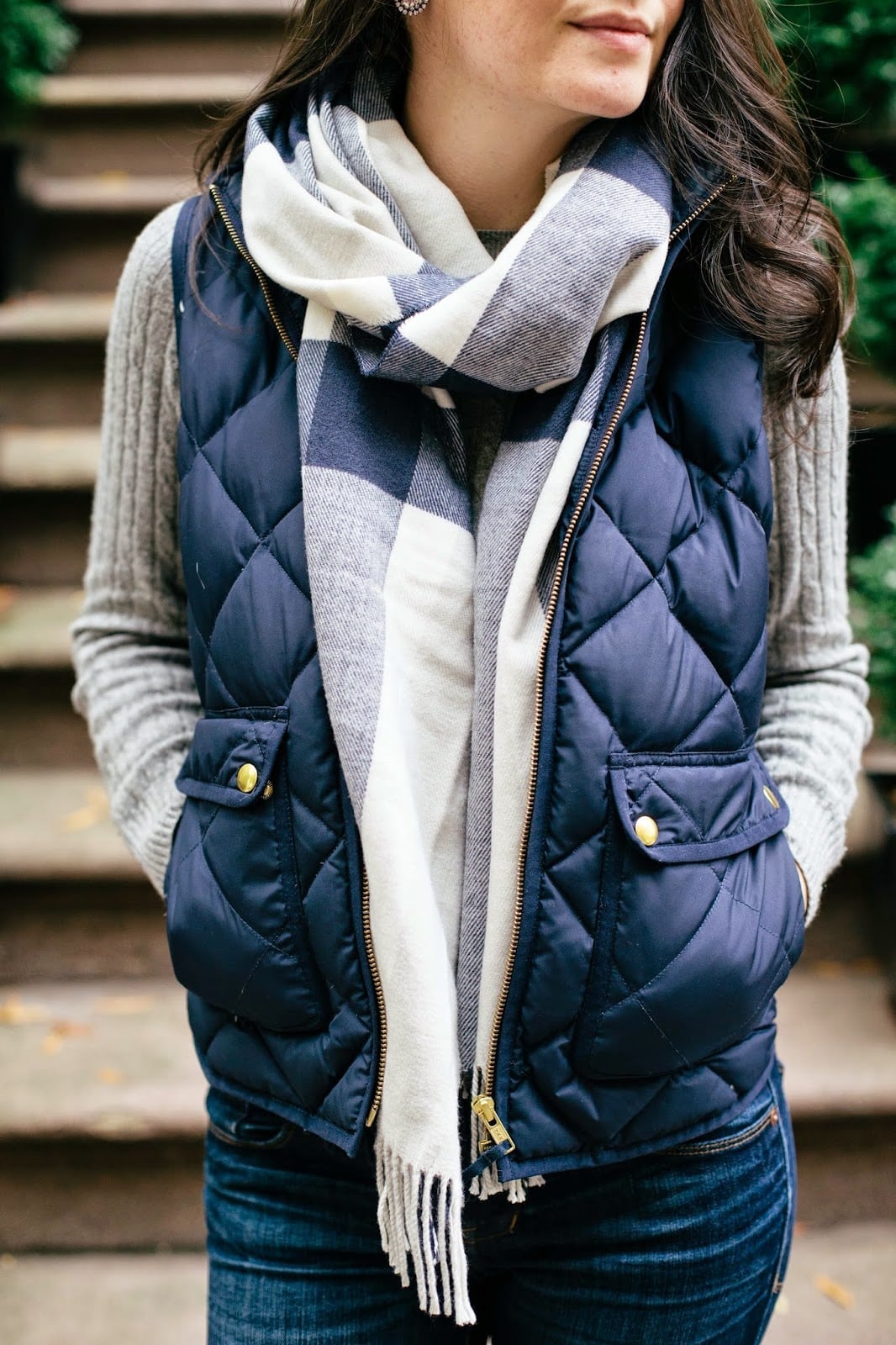 Navy Quilted Puffer Vest With Plaid Scarf — Puffer Vest Outfits