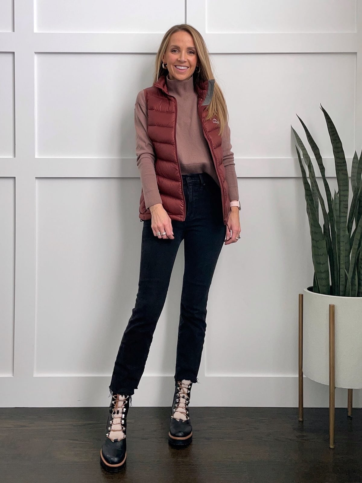 Maroon Puffer Vest With Fur Trim Boots — Puffer Vest Outfits