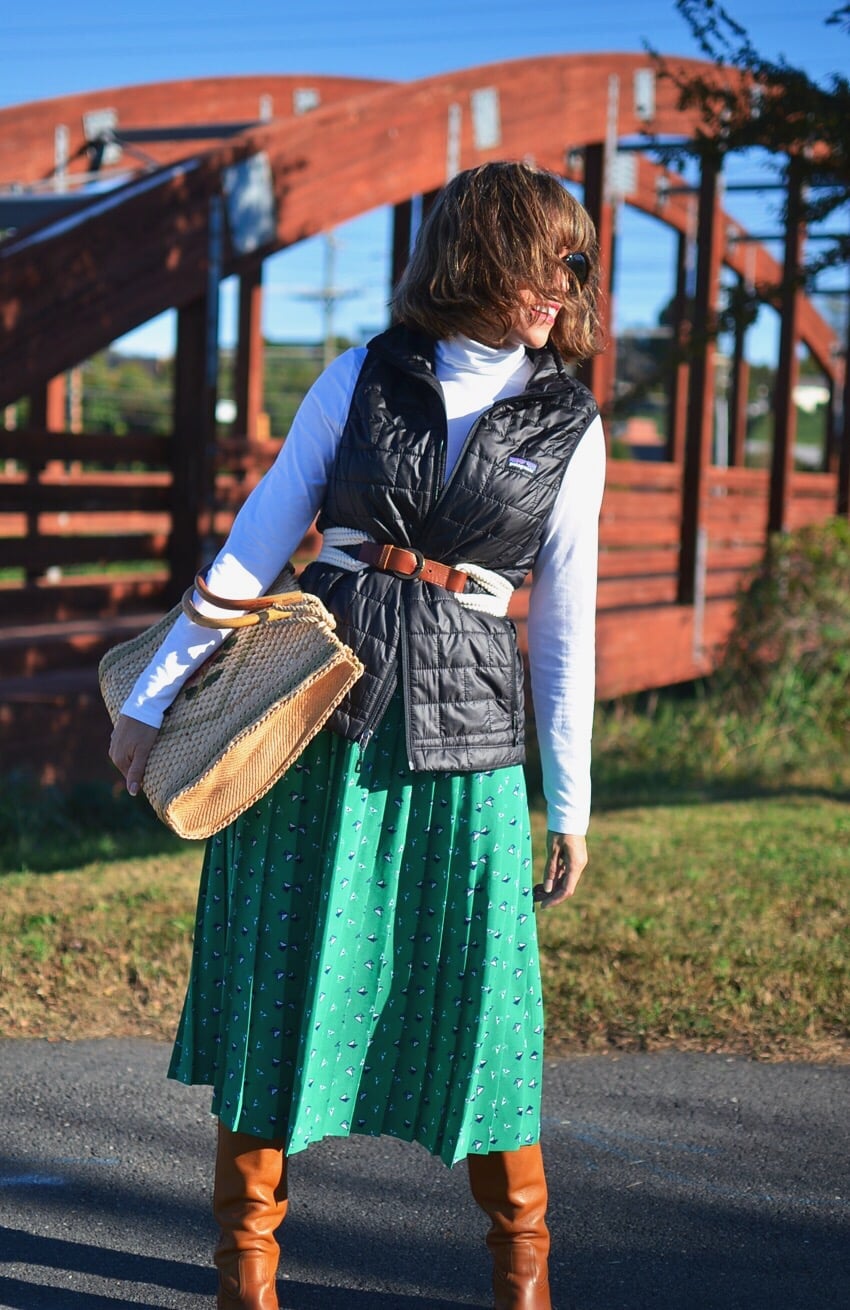 Black Puffer Vest Floral Skirt Combination — Puffer Vest Outfits