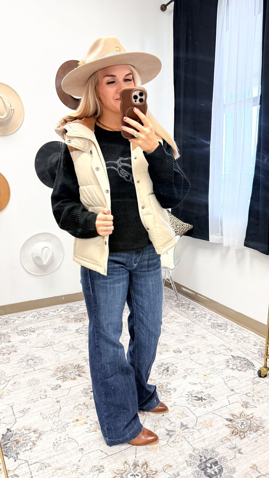 Cream Quilted Puffer Vest Wide Leg Jeans — Puffer Vest Outfits