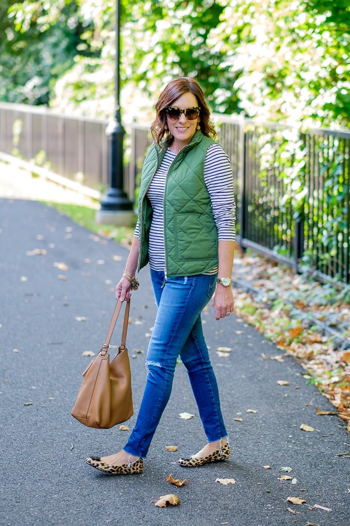 Green Quilted Puffer Vest With Stripes — Puffer Vest Outfits