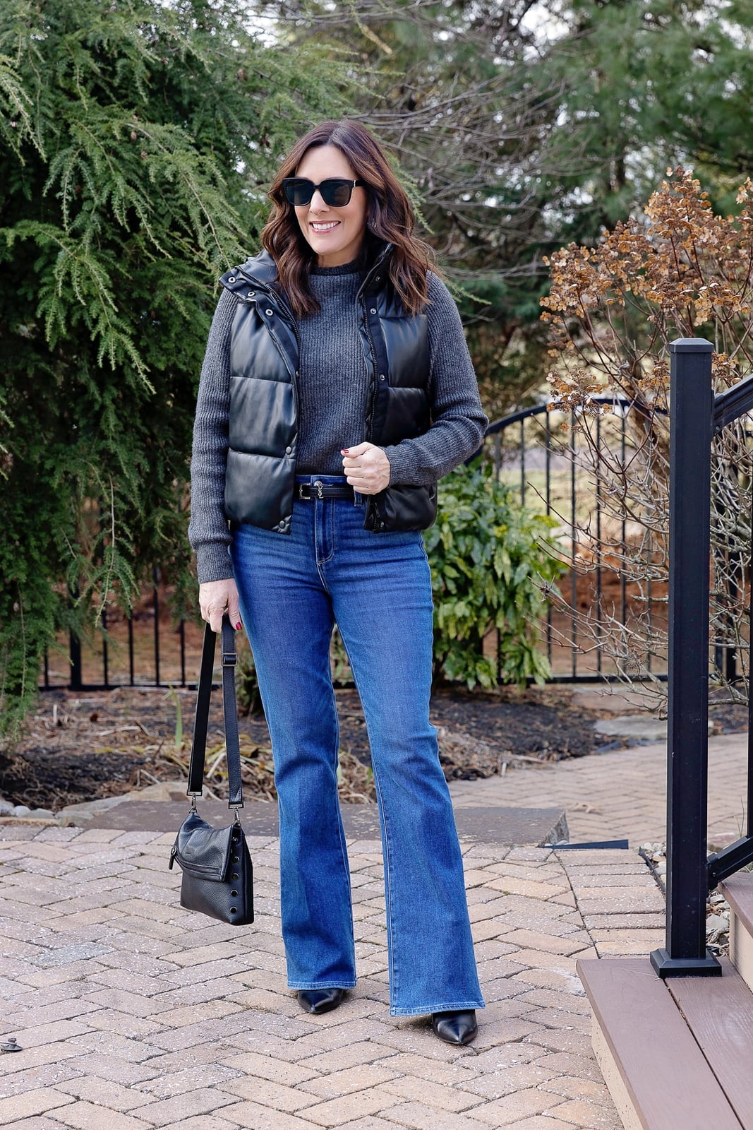 Black Faux Leather Puffer Vest Flared Pants — Puffer Vest Outfits