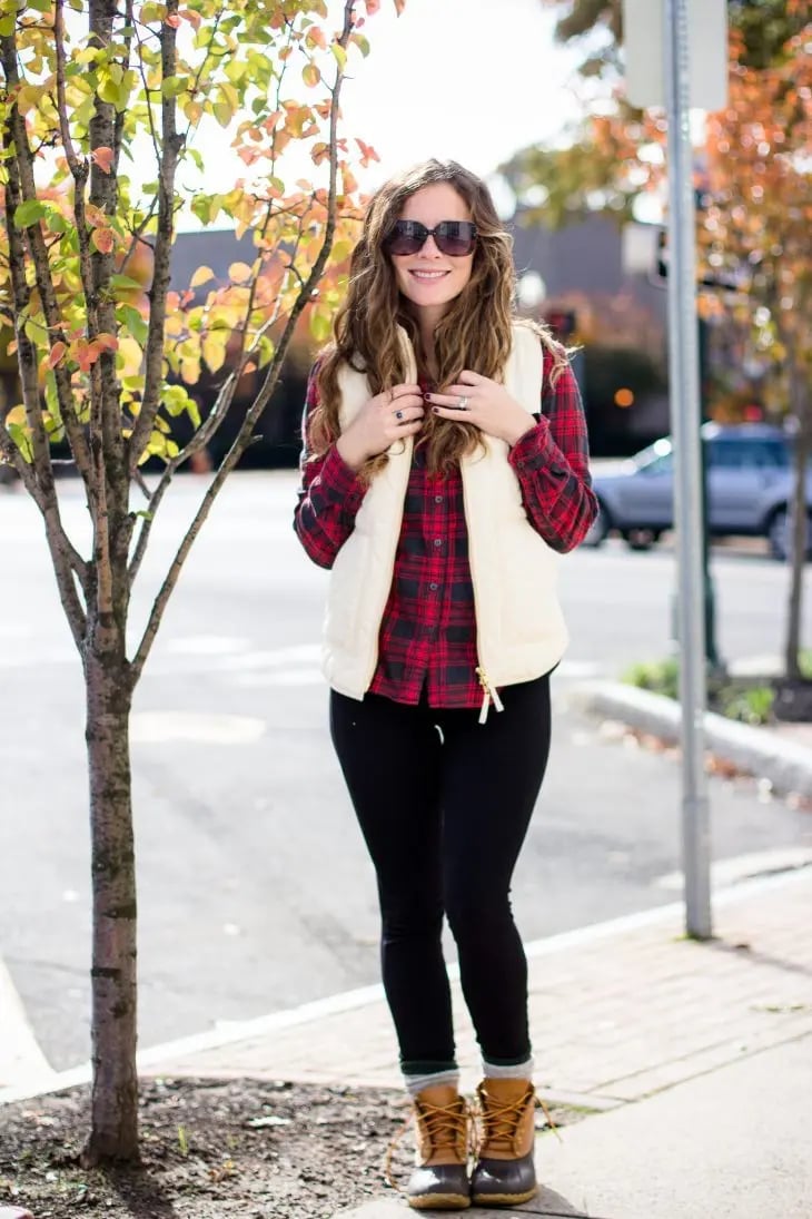 Cream Puffer Vest Plaid Shirt Autumn Look — Puffer Vest Outfits