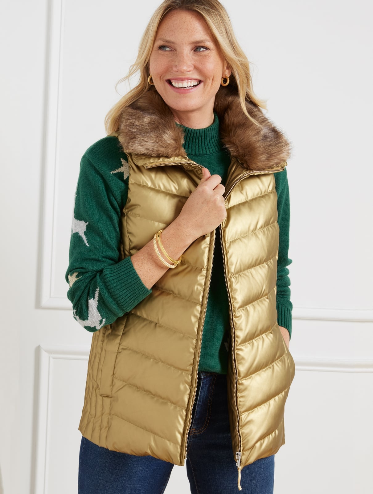 Gold Metallic Puffer Vest Festive Casual — Puffer Vest Outfits