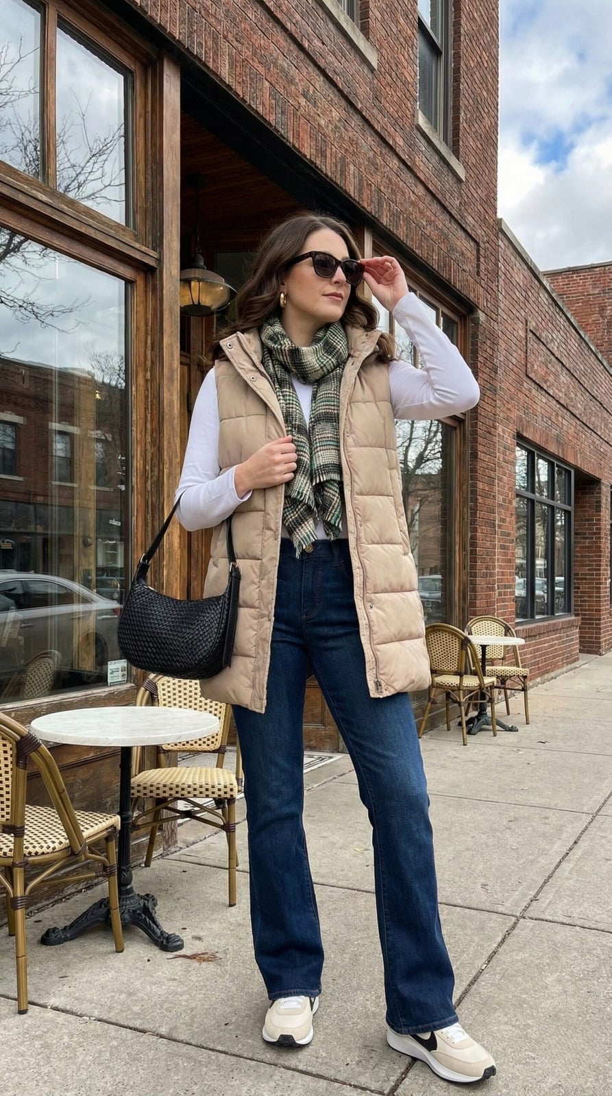 Long Beige Puffer Vest With Plaid Scarf — Puffer Vest Outfits