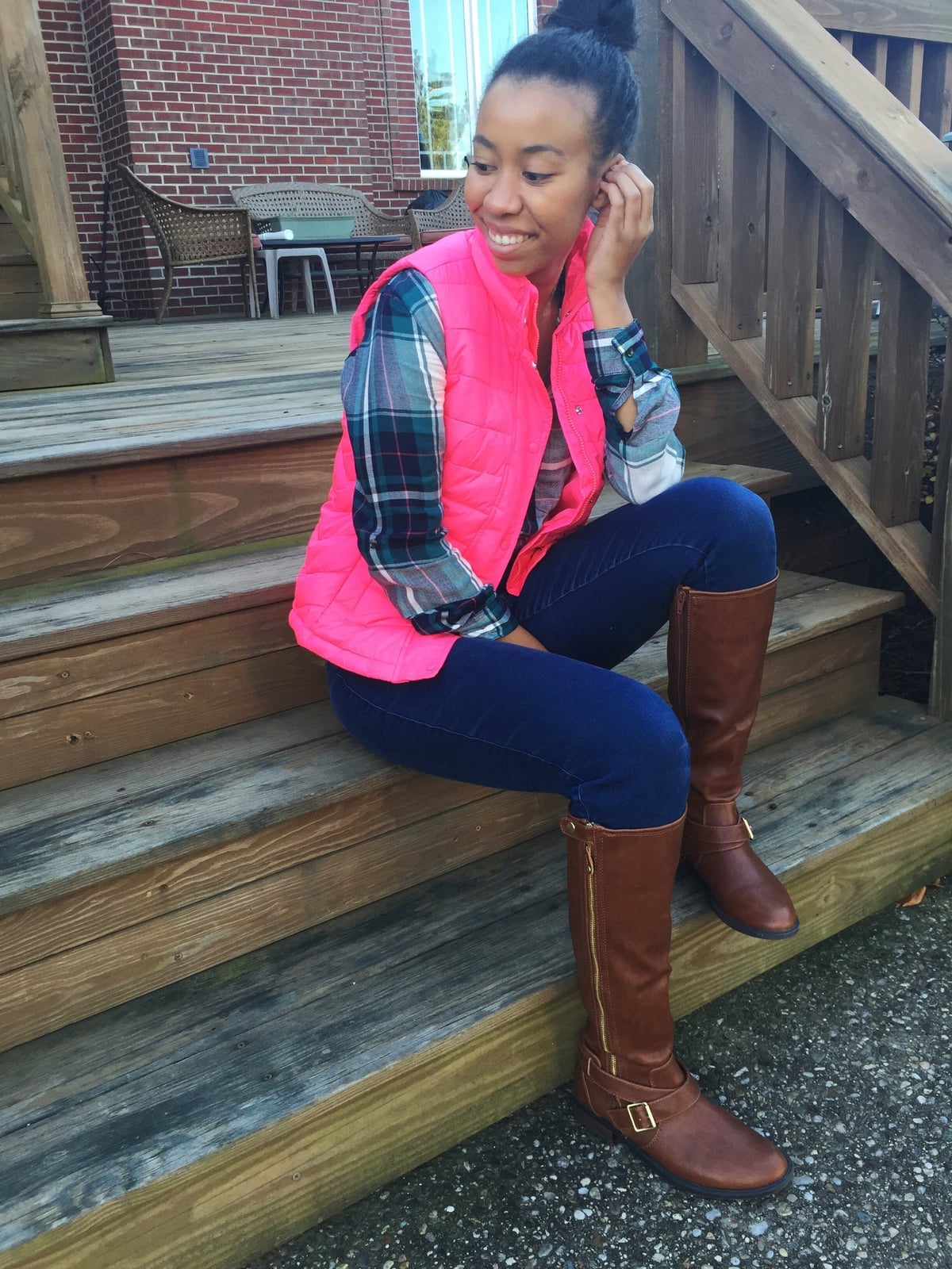 Hot Pink Puffer Vest Plaid Shirt Outdoor Style — Puffer Vest Outfits