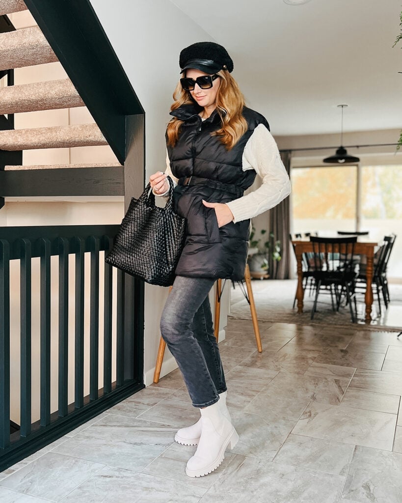 Longline Black Puffer Vest Casual Ensemble — Puffer Vest Outfits