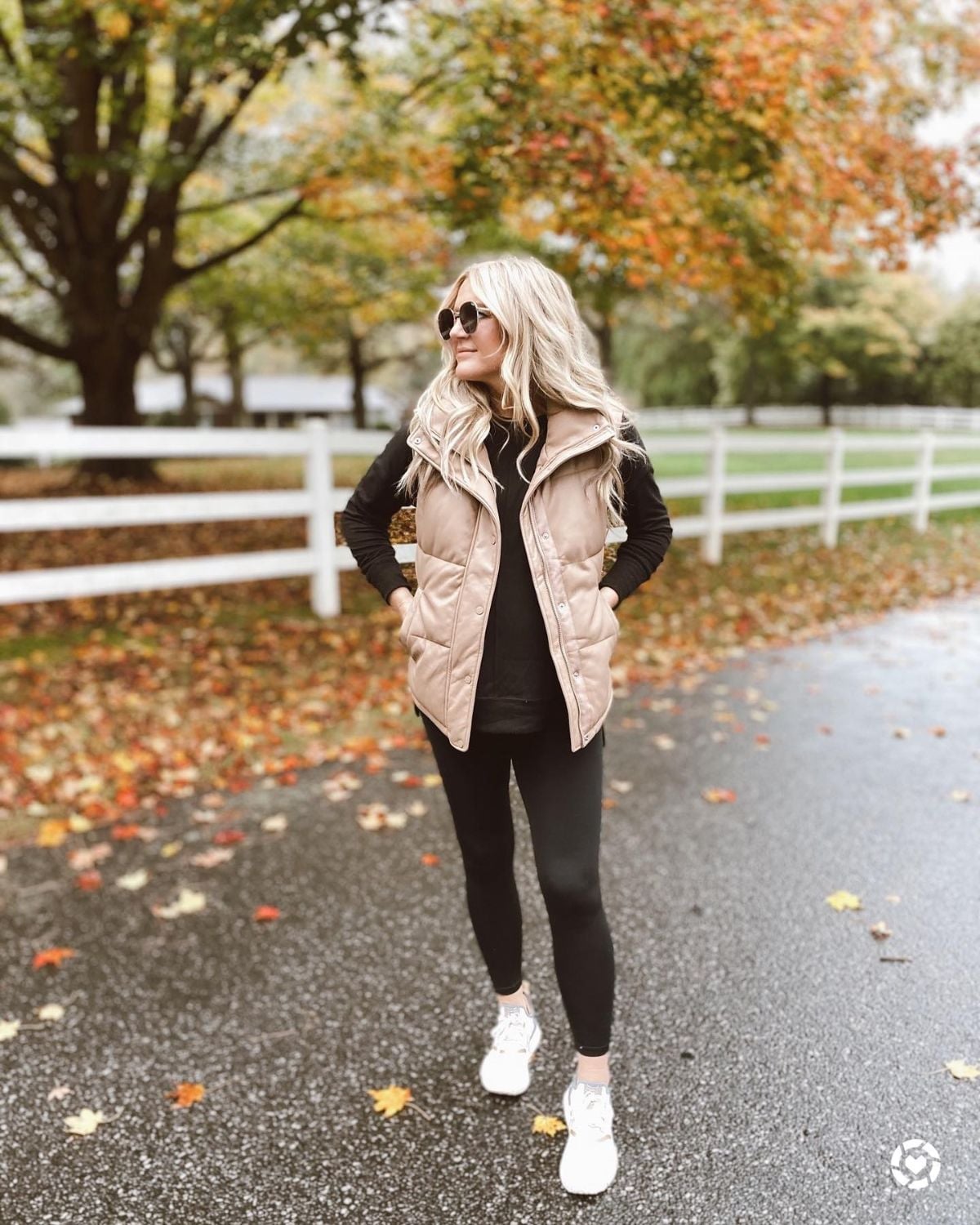 Beige Quilted Puffer Vest Casual Outdoor Style, White Sneakers — Puffer Vest Outfits