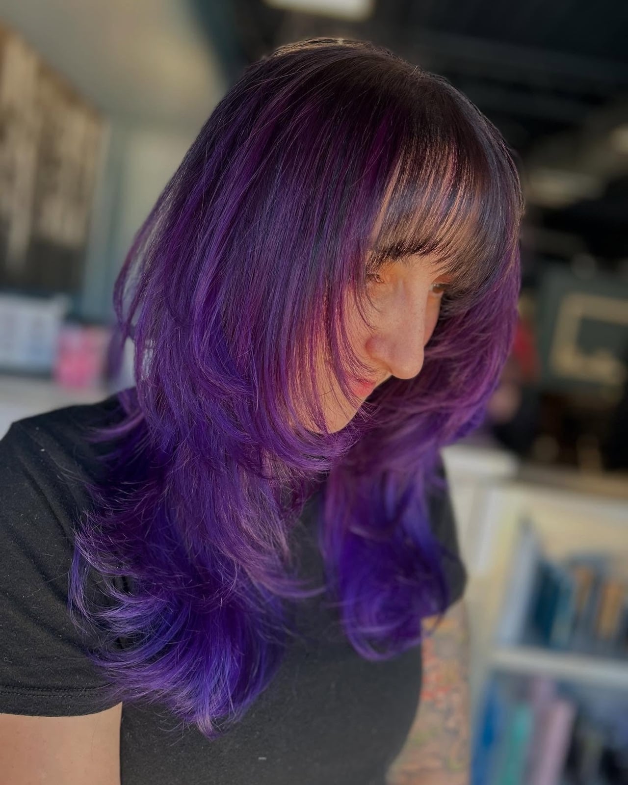 Layered Shag With Curtain Bangs, Collarbone Layered Shag With Curtain Bangs, Collarbone — Purple Hair