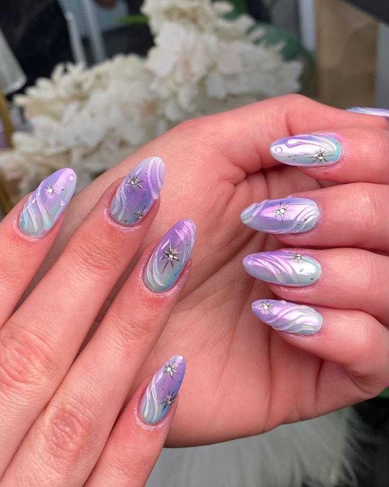 Medium Almond Iridescent Purple Blue Chrome Stars — Purple Nails