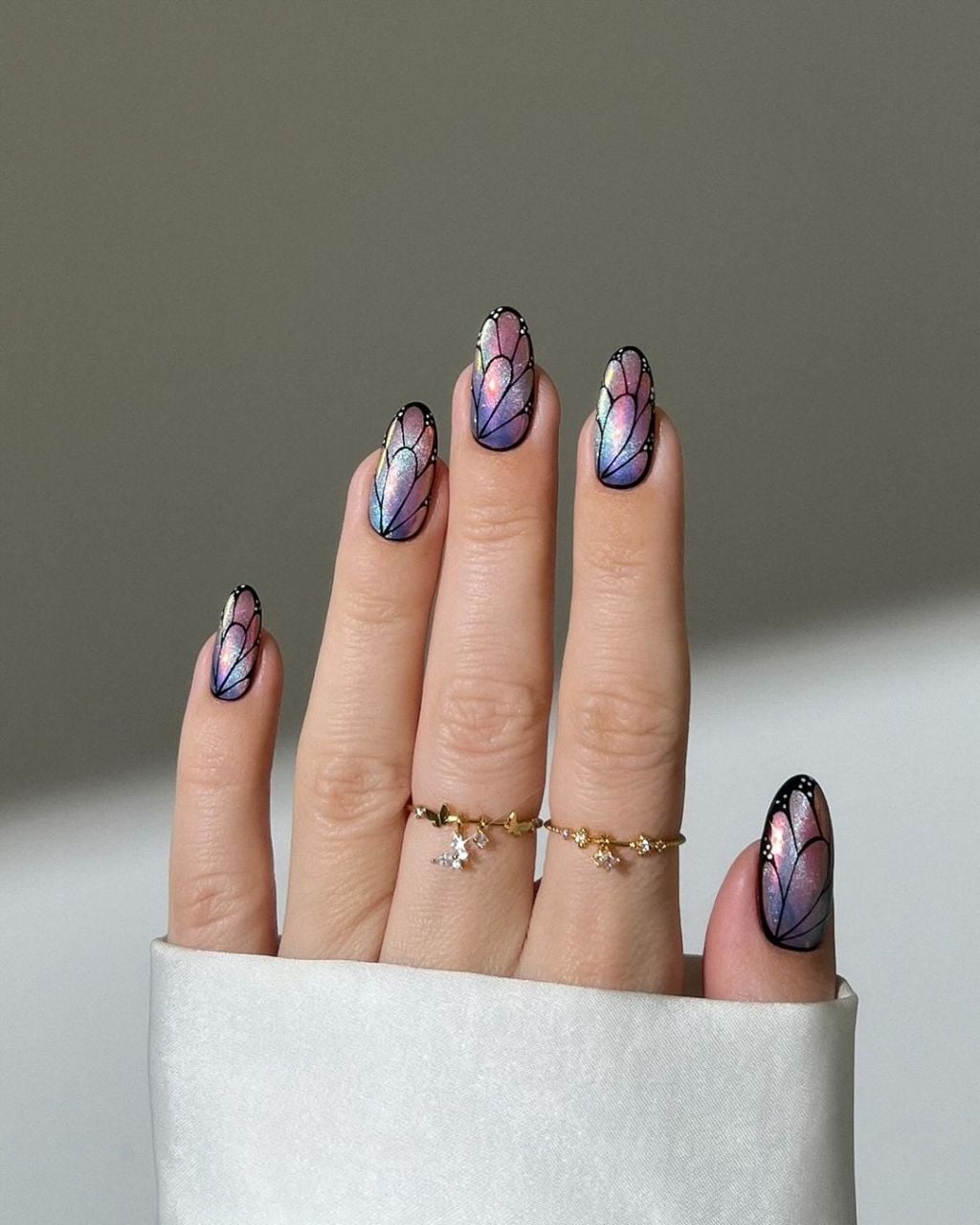 Medium Almond Iridescent Butterfly Wing Art — Purple Nails
