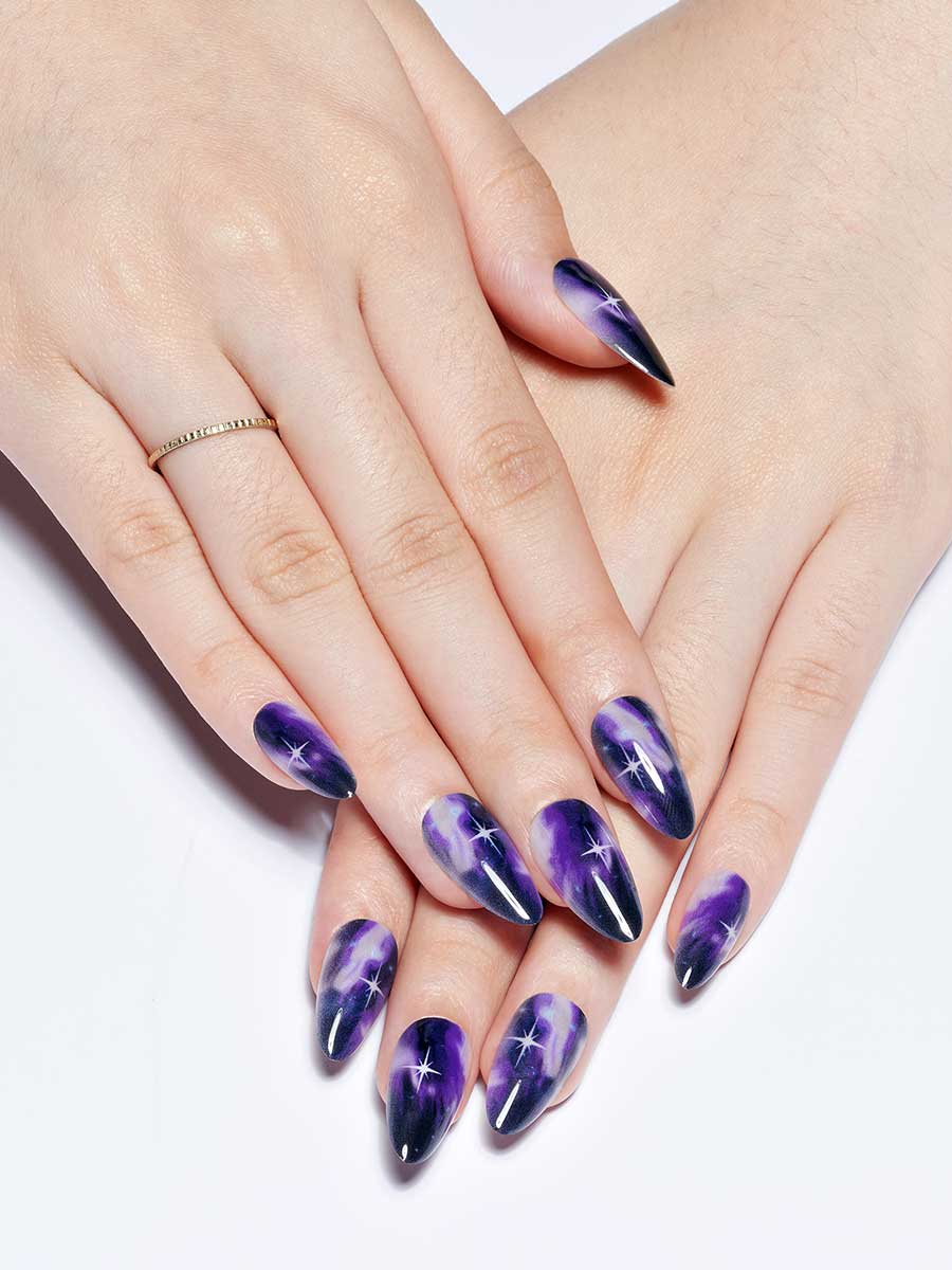 Medium Stiletto Galaxy Print With Stars — Purple Nails