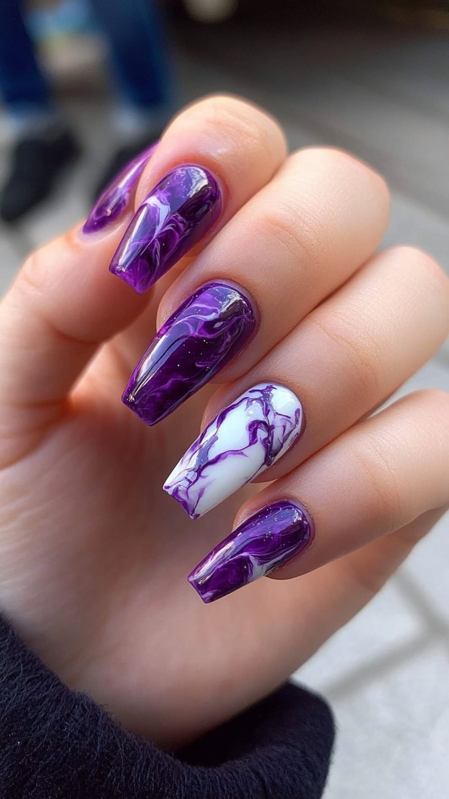 Long Coffin Deep Purple White Marble — Purple Nails