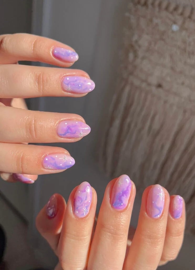 Short Almond Pale Purple White Swirl Jelly Stars — Purple Nails