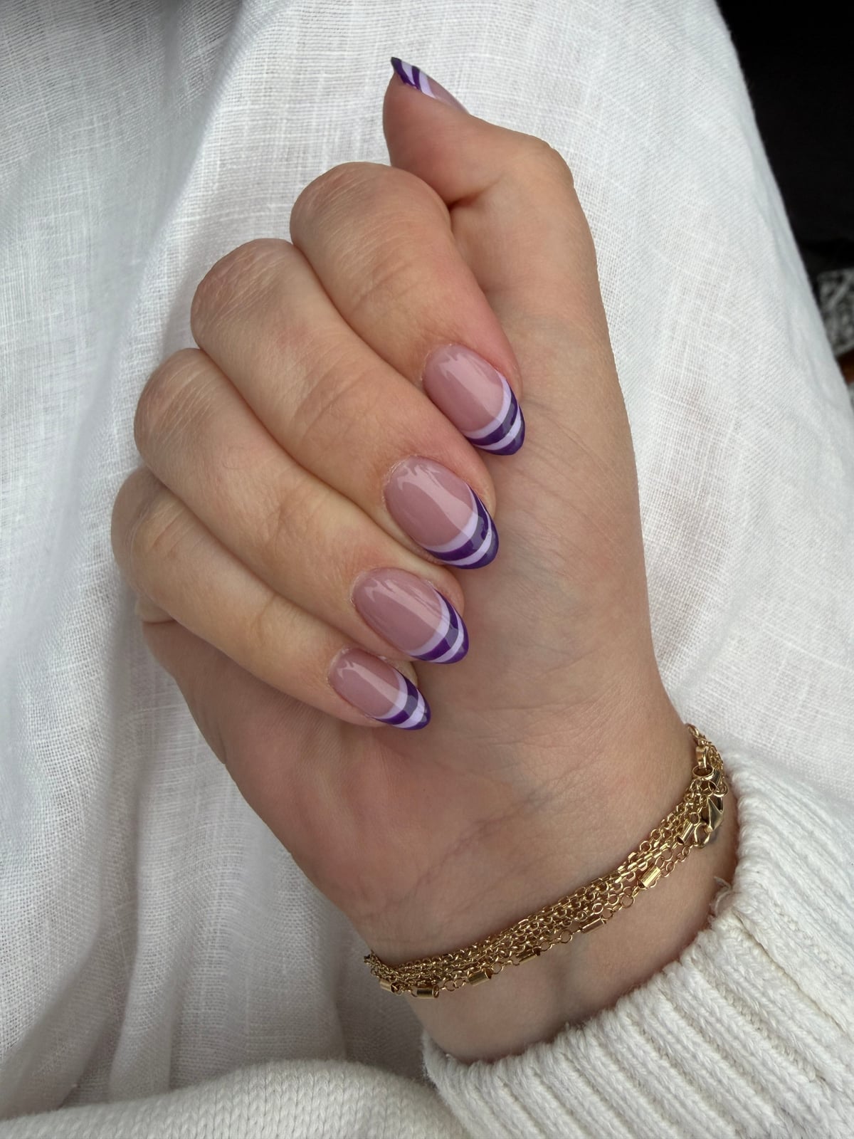 Short Almond Purple Double Line French Tips — Purple Nails