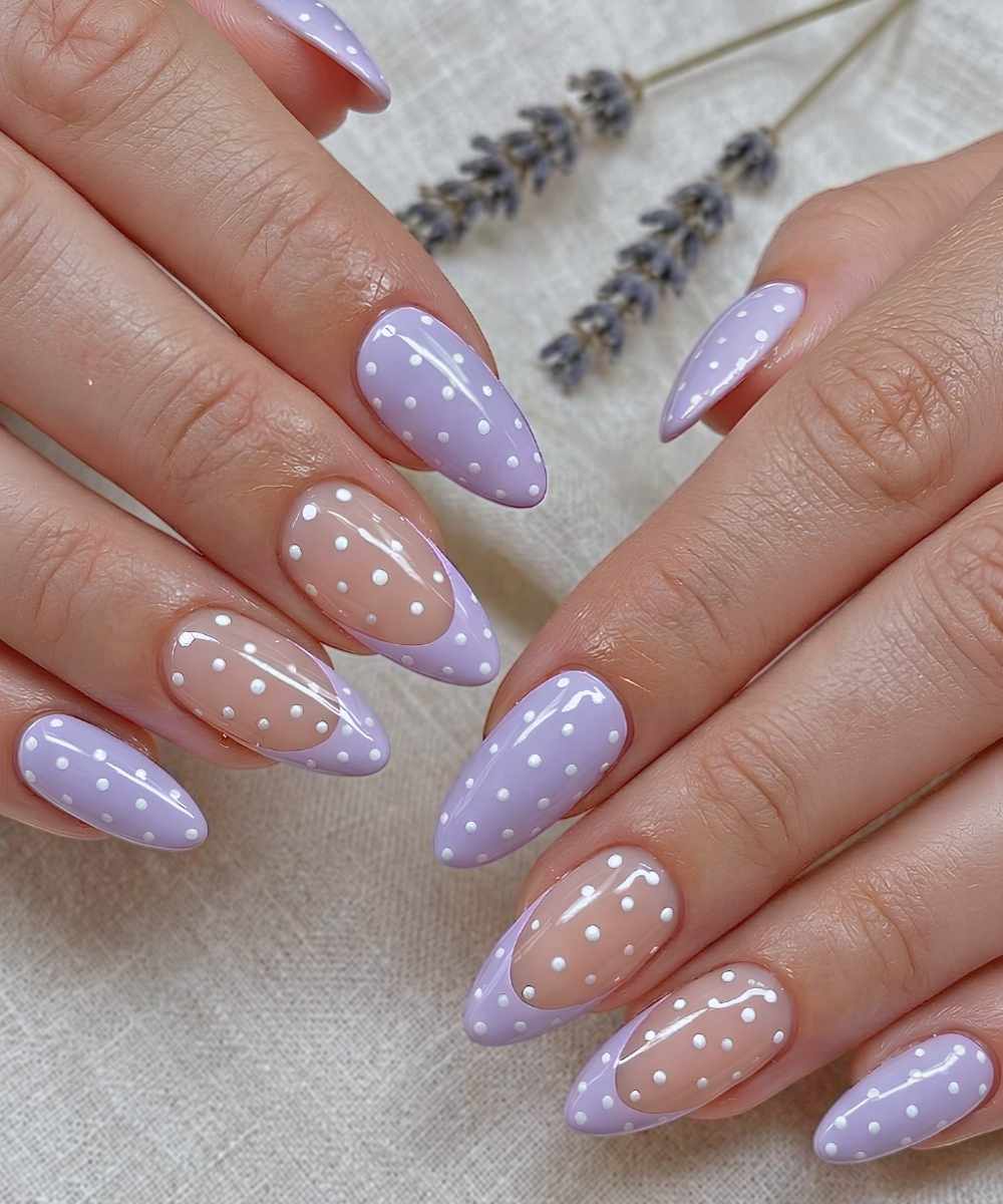 Short Almond Purple Polka Dot Sheer Nude — Purple Nails