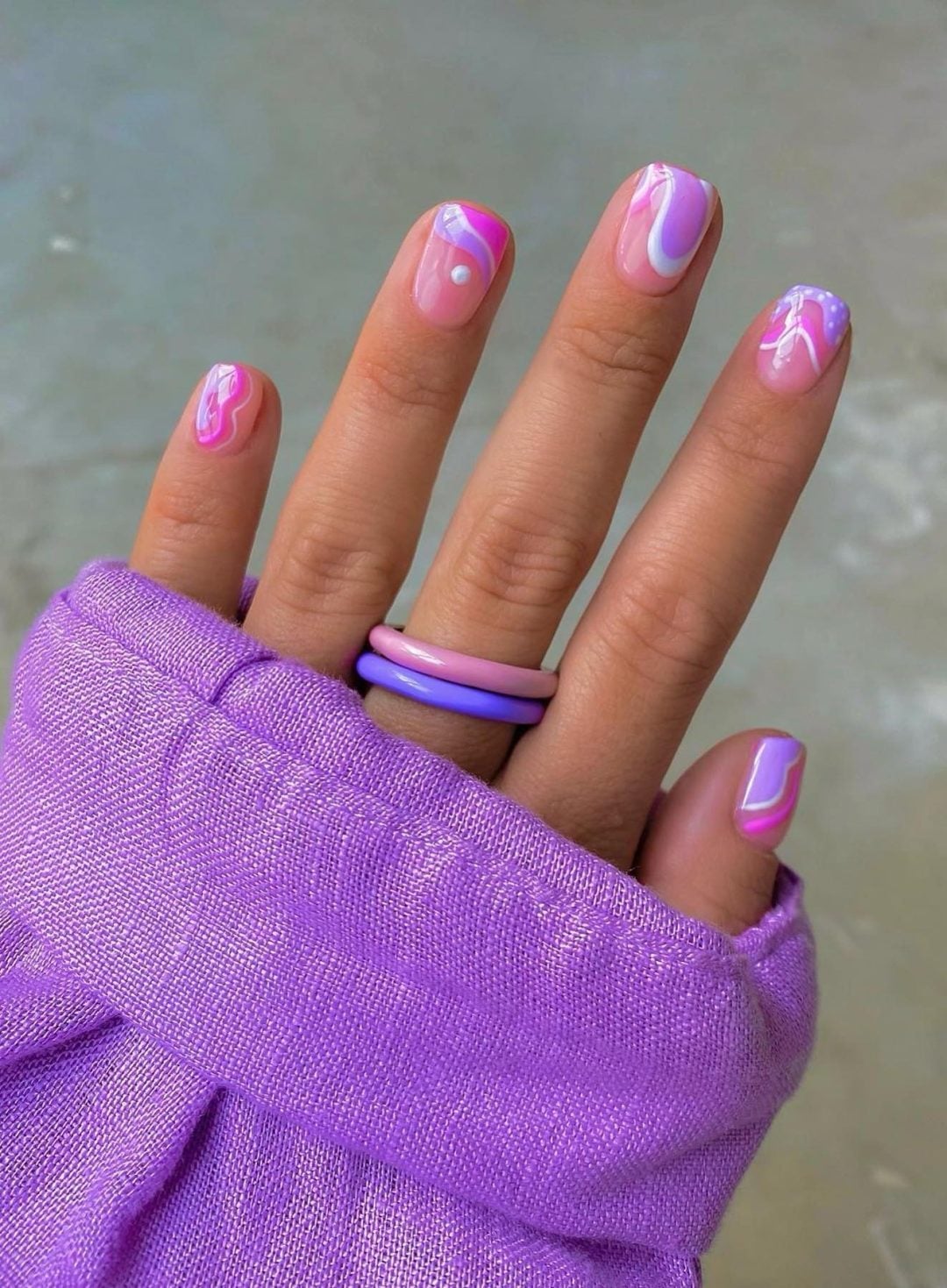 Short Square Abstract Purple Pink White Swirls — Purple Nails