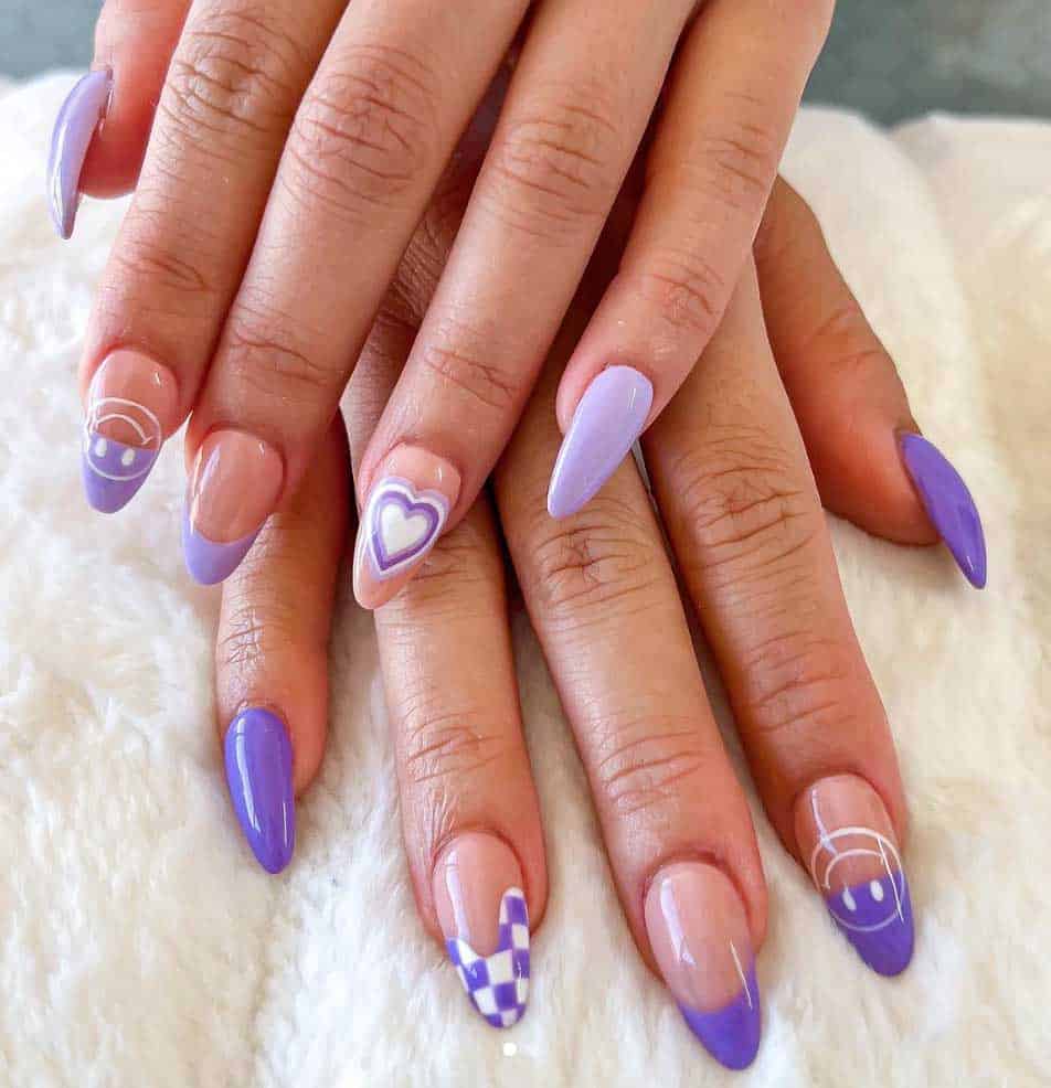 Medium Almond Purple Checkered Smiley Face Heart Rainbow — Purple Nails