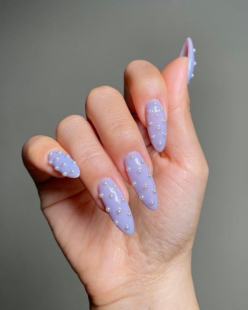 Medium Almond Pastel Lavender Matte Pearl Accents — Purple Nails