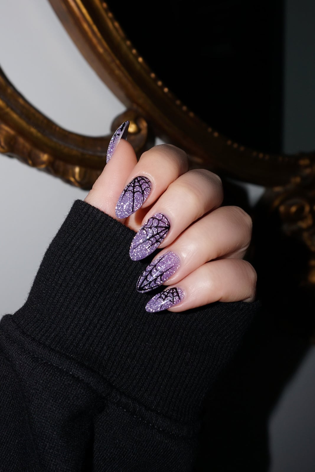 Long Almond Light Purple Glitter Spiderweb — Purple Nails
