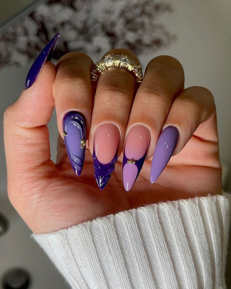 Long Stiletto Deep Purple Lavender French Accents — Purple Nails