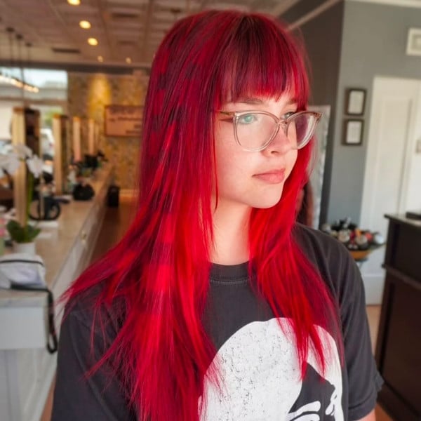 Mid-Back Neon Scarlet With Blunt Bangs Mid-Back Neon Scarlet With Blunt Bangs — Red Hair