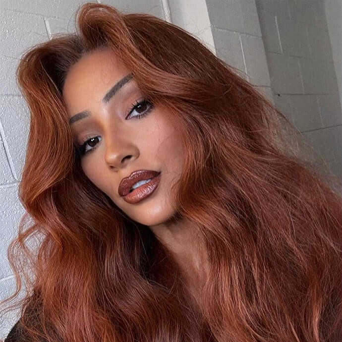 Copper Brown Collarbone Waves With Curtain Bangs Copper Brown Collarbone Waves With Curtain Bangs — Red Hair Colors