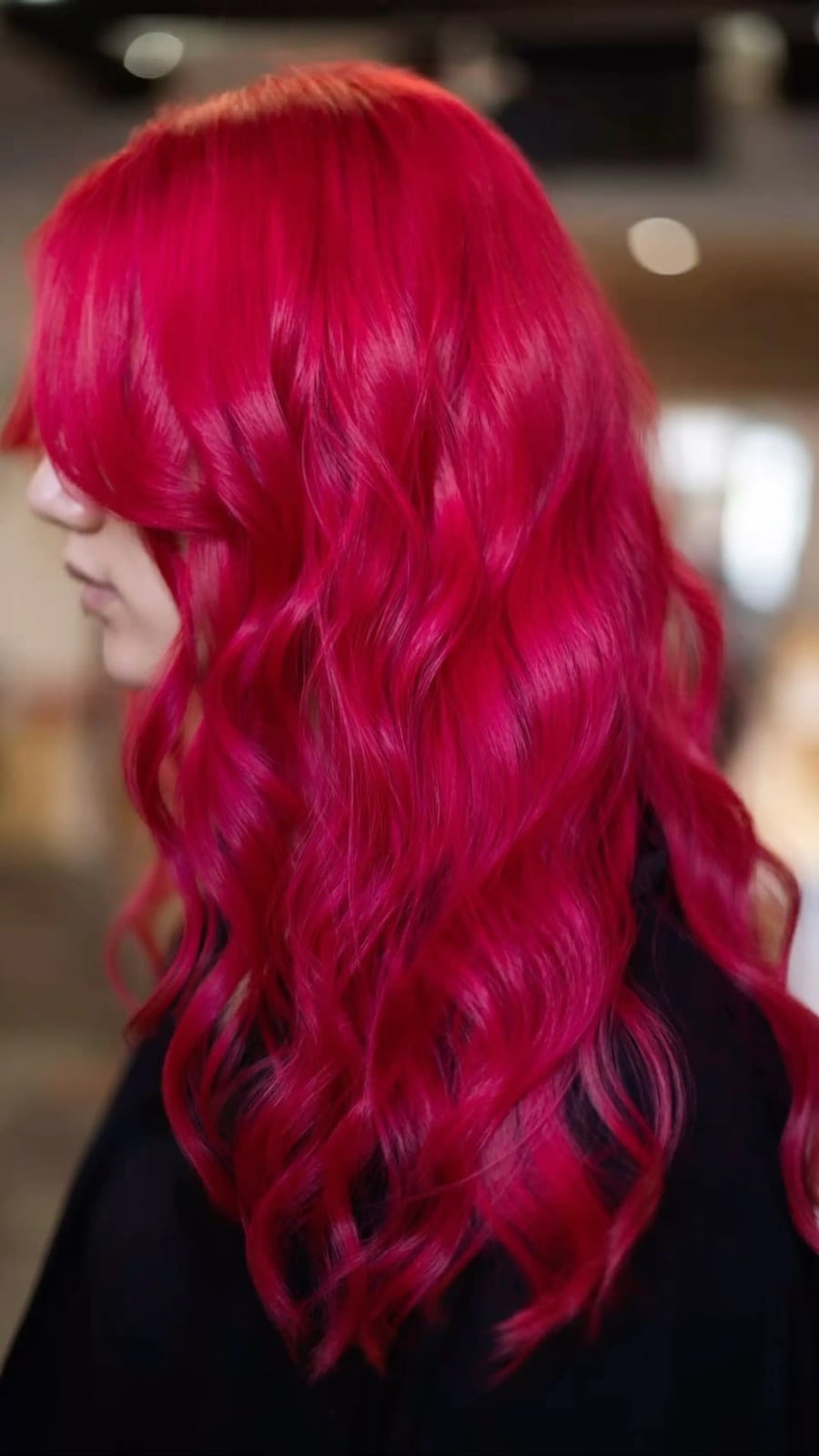 Vivid Pink-Red Collarbone Waves With Curtain Bangs Vivid Pink-Red Collarbone Waves With Curtain Bangs — Red Hair Colors