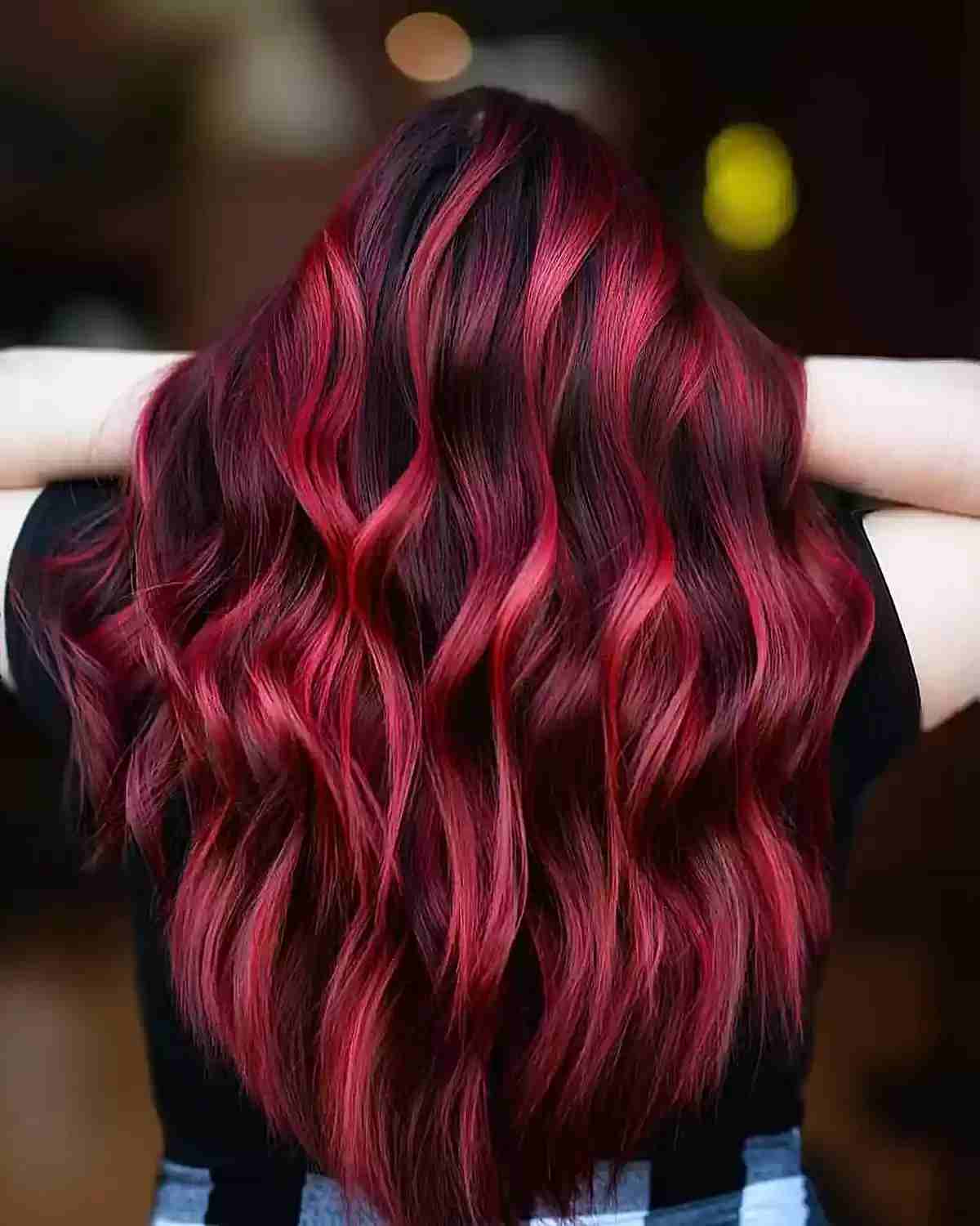 Dark Red Mid-Back Waves With Bright Red Streaks Dark Red Mid-Back Waves With Bright Red Streaks — Red Hair Colors