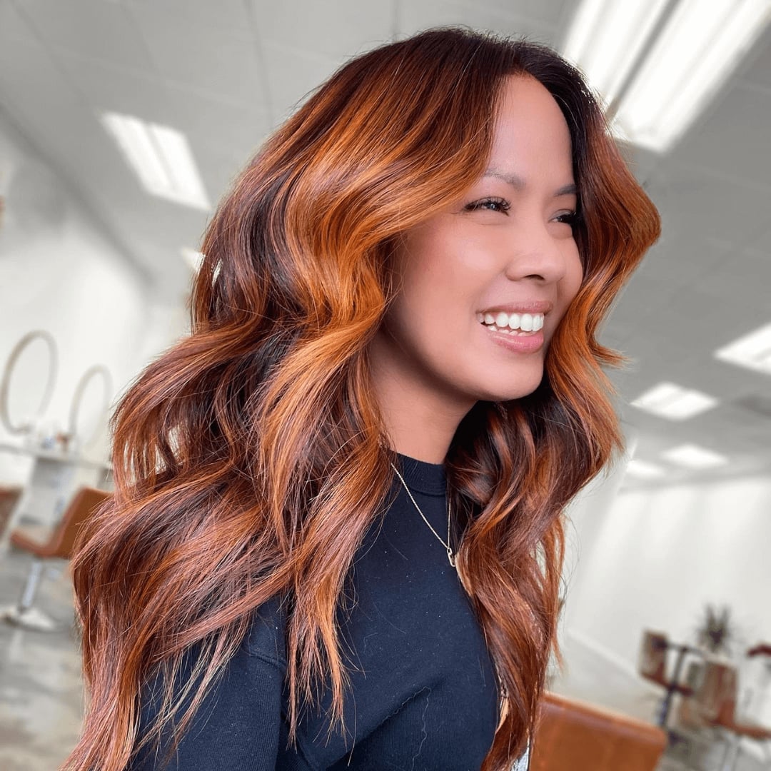 Dark Base With Vibrant Copper Balayage Collarbone Dark Base With Vibrant Copper Balayage Collarbone — Red Hair Colors