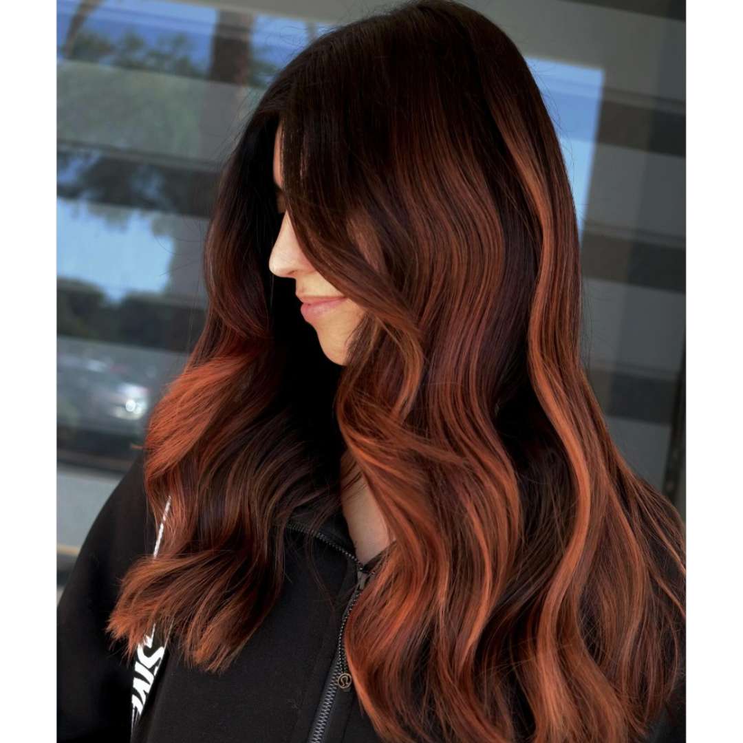 Dark Brown Collarbone Waves With Copper Auburn Highlights Dark Brown Collarbone Waves With Copper Auburn Highlights — Red Hair Colors