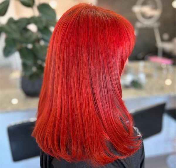Vibrant Tangerine Red Lob With Blunt Bangs Vibrant Tangerine Red Lob With Blunt Bangs — Red Hair Colors