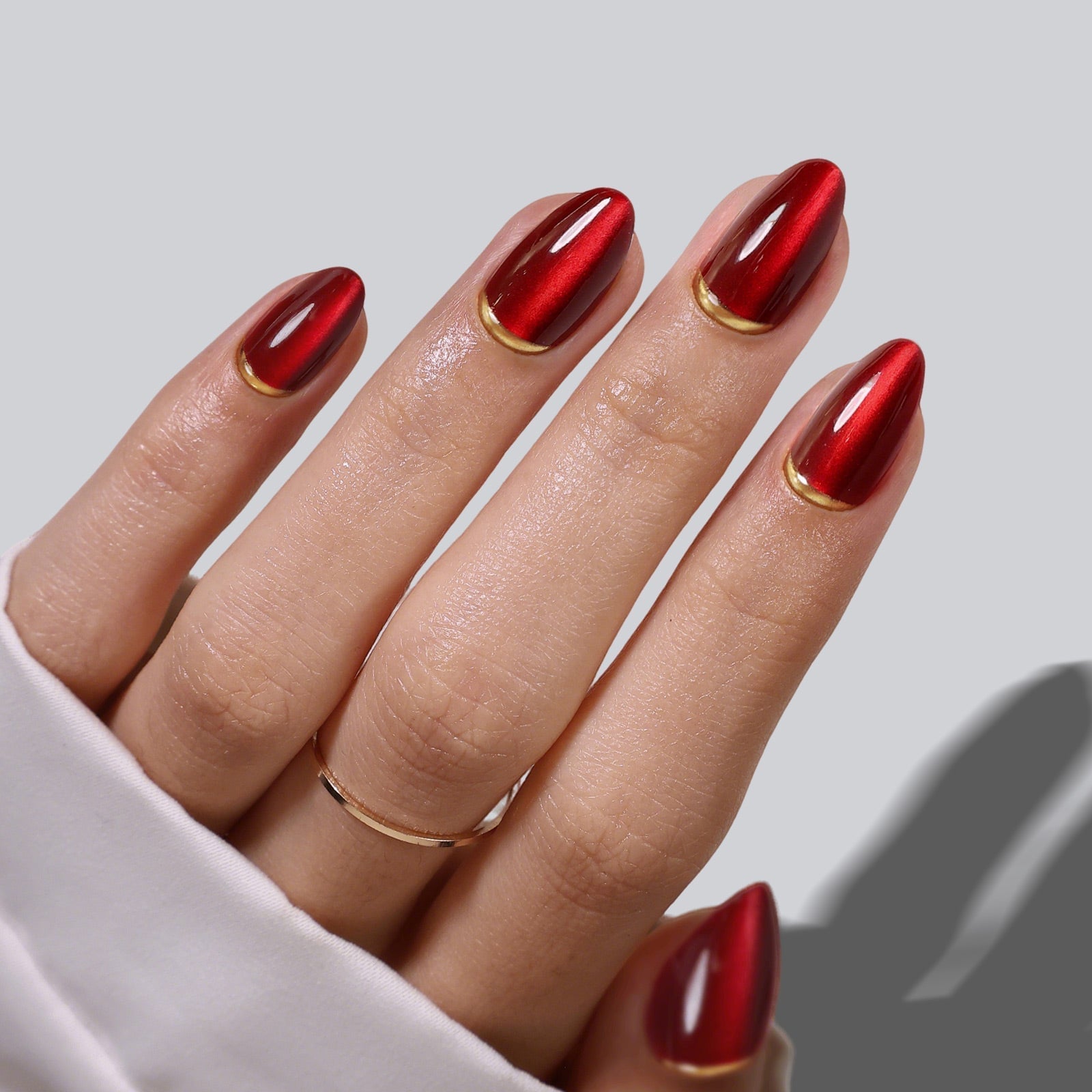 Dark Red Cat Eye Gold Foil 3D Short Almond Soft Gel Press on Nails
