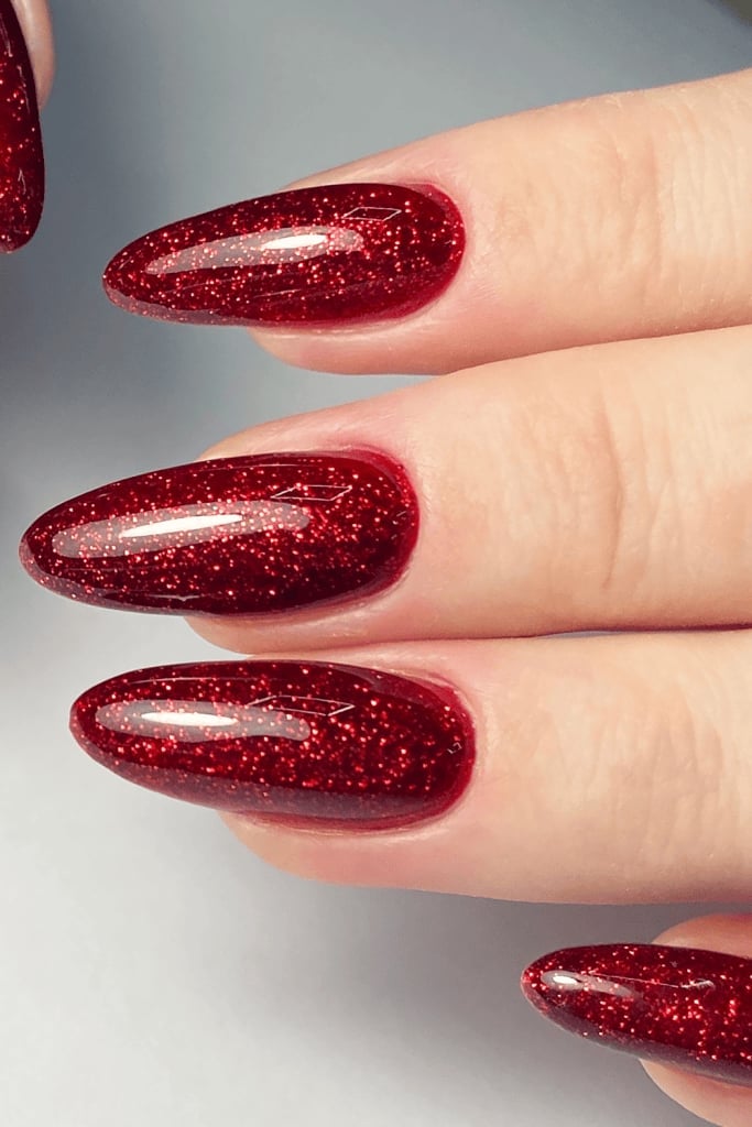 Bright Classic Red Glossy Medium Oval Nails — Red Nails