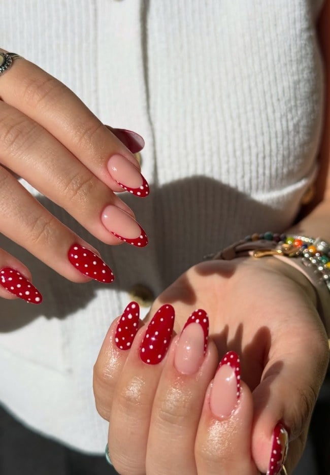 Red Polka Dot French Tip Medium Almond Nails — Red Nails