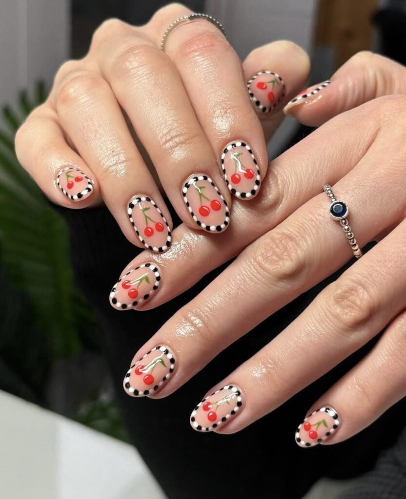 Red Cherry Motif Short Almond Nails with Polka Dot Border — Red Nails