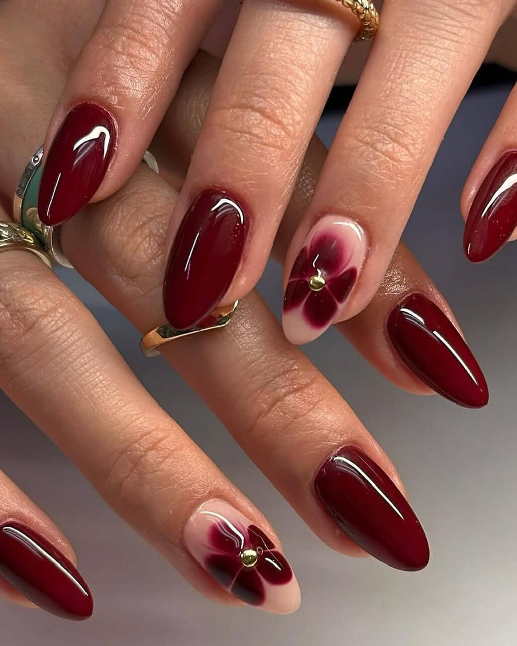 Dark Red Floral Motif Short Almond Nails — Red Nails